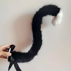 Puede incluir: Una cola de gato negra y blanca con un lazo de cinta de satén negro. La cola es principalmente negra con una punta blanca. La cola es curvada y esponjosa, con una textura suave.