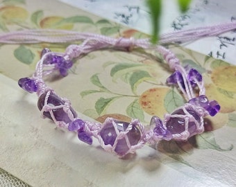 Fabriqué sur commande - Bracelet réglable avec cordon tressé de style fleur, 3 bracelets en pierres brutes de quartz naturel violet