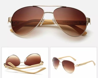 Aviator Sunglasses with UV400 lenses | bamboo wood sunglasses frame with bamboo case - Brown - Unisex