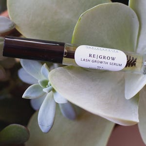 May include: A clear glass bottle with a black cap and a white label that reads "RE|GROW LASH GROWTH SERUM NO. #". The bottle is lying on a green and white succulent plant.