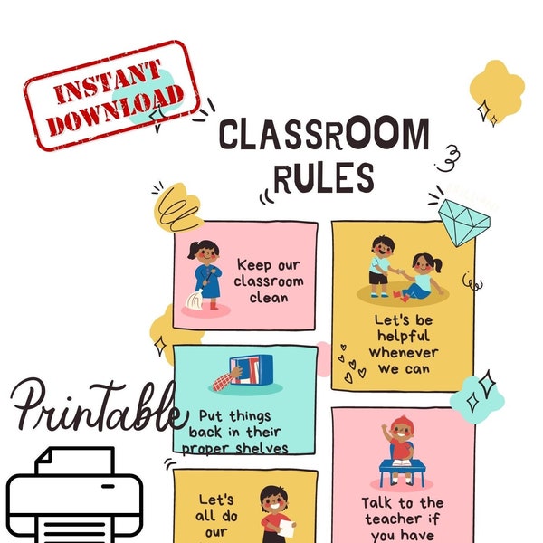 Classroom rules poster - instant download, playroom rules printable, playroom wall art, classroom rules sign, colored pencil wall art, sign