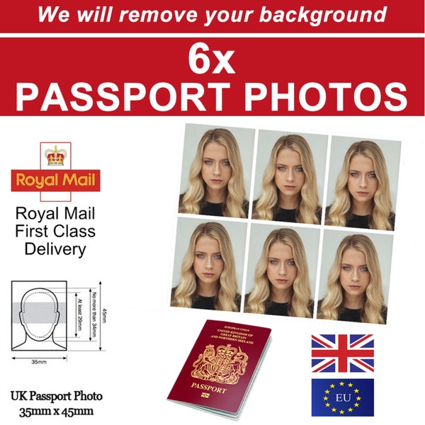 Passport Photos Prints - 6x Official Size 35x45mm Passport Pictures UK EU WORLD