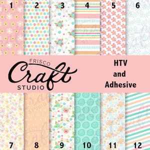 May include: Twelve different patterned sheets of heat transfer vinyl (HTV) and adhesive. The patterns include polka dots, stripes, and floral designs in pink, yellow, blue, and green.