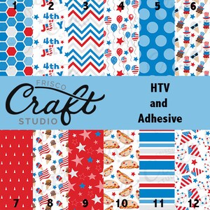 May include: Twelve different patterns of red, white, and blue fabric featuring stars, stripes, and patriotic imagery. The fabric is labeled as HTV and adhesive. The text "FRISCO CRAFT STUDIO" is also visible.