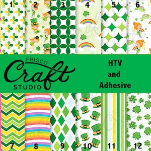 May include: Twelve different green and white patterned designs for use with heat transfer vinyl (HTV) or adhesive. The designs include shamrocks, rainbows, leprechauns, and hats. The text "FRISCO Craft STUDIO" and "HTV and Adhesive" are also included in the image.