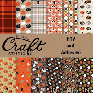 May include: Twelve different digital paper designs featuring a Halloween theme with pumpkins, stars, and plaid patterns. The designs are numbered 1 through 12. The text "FRISCO CRAFT STUDIO" and "HTV and Adhesive" are also visible.
