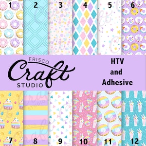 May include: Twelve different patterned digital papers featuring a variety of designs including donuts, cupcakes, stars, and stripes. The papers are labeled with numbers 1 through 12. The text "FRISCO Craft STUDIO" and "HTV and Adhesive" are also visible.