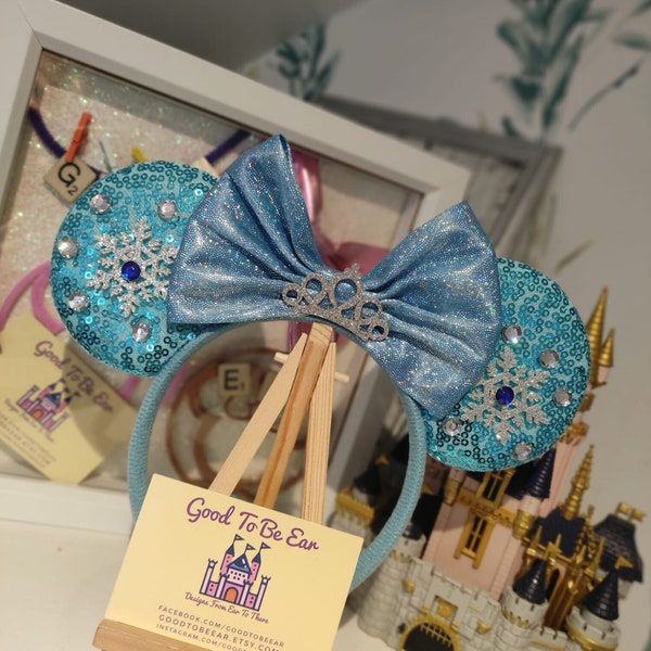 Queen Elsa Frozen Disney Minnie and Mickey Inspired Mouse Style Ears Headband Sparkly Sequin Silver Blue Crown Snowflake