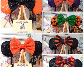 Halloween Pumpkin Spider Web Scary Inspired Mouse Style Ears Headband Sparkly Sequin Black Orange Green Purple