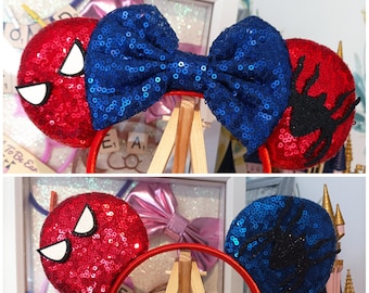 Spider Man Disney Minnie and Mickey Inspired Mouse Style Ears Headband Sparkly Sequin Blue Red Black Bowless No Bow