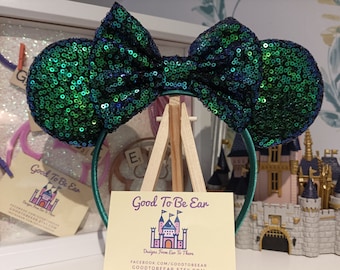 Emerald Green Disney Minnie and Mickey Inspired Mouse Style Ears Headband Sparkly Sequin