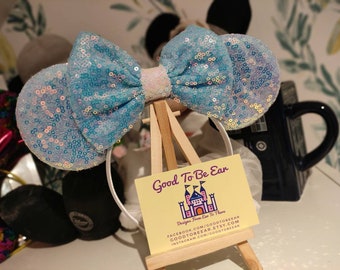 Cinderella Princess Iridescent Disney Minnie and Mickey Inspired Mouse Style Ears Headband Sparkly Sequin Blue White