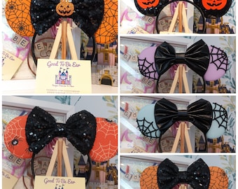 Halloween Pumpkin Spider Web Scary Disney Minnie and Mickey Inspired Mouse Style Ears Headband Sparkly Sequin Black Orange Lilac Blue