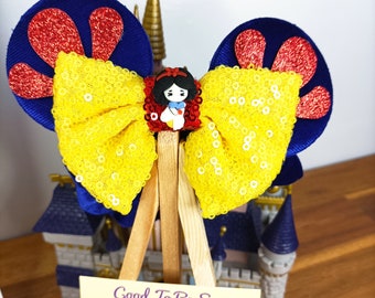 Snow White Princess Disney Minnie and Mickey Inspired Mouse Style Ears Scrunchie Hair Tie Bobble Sparkly Sequin Blue Red Yellow