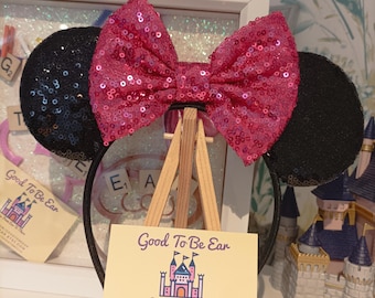 Classic Black Raspberry Pink Disney Minnie and Mickey Inspired Mouse Style Ears Headband Sparkly Sequin
