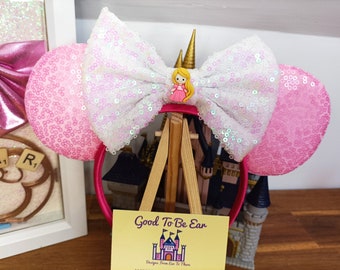 Sleeping Beauty Princess Disney Minnie and Mickey Inspired Mouse Style Ears Headband Sparkly Sequin Pink White