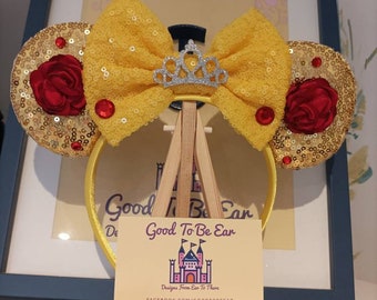 Belle Beauty Princess Disney Minnie and Mickey Inspired Mouse Style Ears Headband Sparkly Sequin Gold Red Silver Crown Flowers