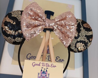 Animal Kingdom Leopard Print Disney Minnie and Mickey Inspired Mouse Style Ears Headband Sparkly Sequin Rose Gold