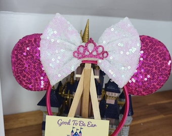 Sleeping Beauty Princess Disney Minnie and Mickey Inspired Mouse Style Ears Headband Sparkly Sequin Pink White Crown