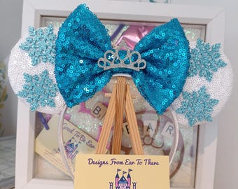 Snowflake Crown Christmas Disney Minnie and Mickey Inspired Mouse Style Ears Headband Sequin Sparkly Blue White Silver