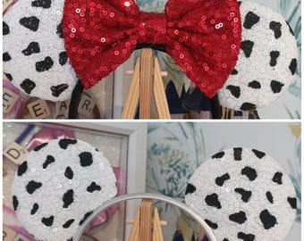 Dalmatians Cruella Disney Minnie and Mickey Inspired Mouse Style Ears Headband Sequin Sparkly Black White Red Spots