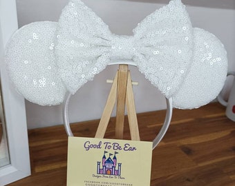 Bride Wedding Disney Minnie and Mickey Inspired Mouse Style Ears Headband Sparkly Sequin White Groom Honeymoon Love
