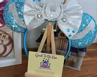 Cinderella Carriage Princess Disney Minnie and Mickey Inspired Mouse Style Ears Headband Sparkly Sequin Blue Silver Princess