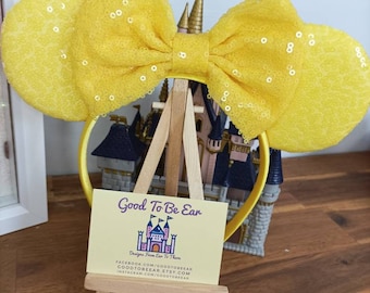Spring Yellow Disney Minnie and Mickey Inspired Mouse Style Ears Headband Sparkly Sequin