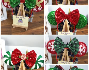 Christmas Reindeer Candy Cane Tartan Disney Minnie and Mickey Inspired Mouse Style Ears Headband Sparkly Sequin Red Green Gold White