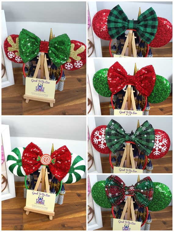 Christmas Reindeer Candy Cane Tartan Disney Minnie and Mickey Inspired Mouse Style Ears Headband Sparkly Sequin Red Green Gold White