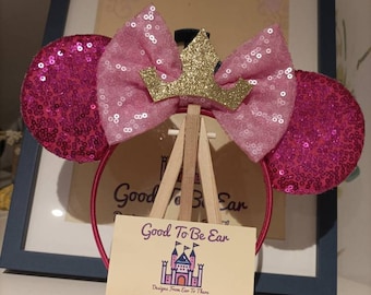 Sleeping Beauty Princess Aurora Disney Minnie and Mickey Inspired Mouse Style Ears Headband Sparkly Sequin Pink Gold Crown