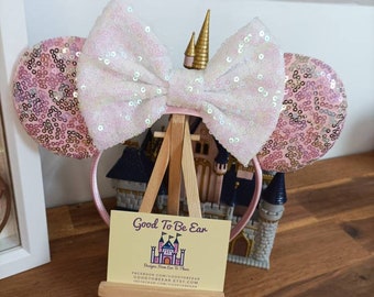 Pink Rose Gold Princess Disney Minnie and Mickey Inspired Mouse Style Ears Headband Sparkly Sequin