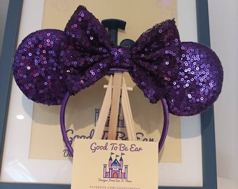 Purple Iridescent Disney Minnie and Mickey Inspired Mouse Style Ears Headband Sparkly Sequin