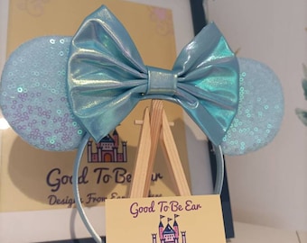 Blue Iridescent Disney Mickey and Minnie Inspired Mouse Style Ears Headband Sparkly Sequin