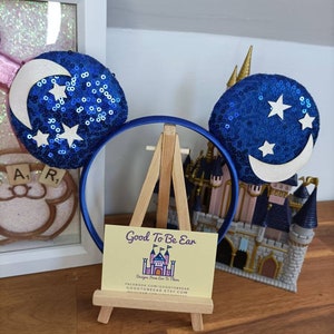 Sorcerer Fantasia Moon Stars Disney Minnie and Mickey Inspired Mouse Style Ears Headband Sparkly Sequin Bowless Blue White