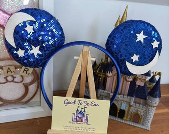 Sorcerer Fantasia Moon Stars Disney Minnie and Mickey Inspired Mouse Style Ears Headband Sparkly Sequin Bowless Blue White