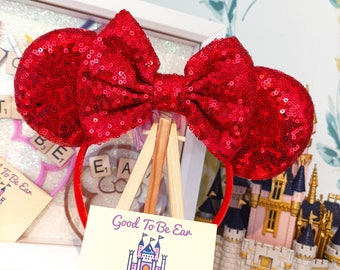Classic Red Disney Minnie and Mickey Inspired Mouse Style Ears Headband Sparkly Sequin