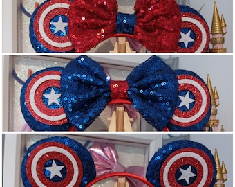Captain Disney Minnie and Mickey Inspired Mouse Style Ears Headband Sparkly Sequin Blue Red White Bowless No Bow