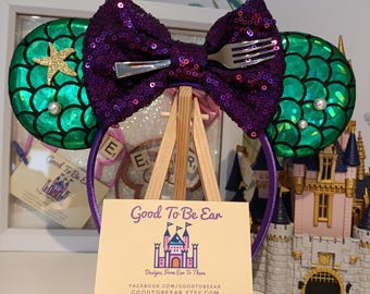 Ariel Little Mermaid Princess Disney Minnie and Mickey Inspired Mouse Style Ears Headband Sparkly Sequin Green Purple Gold