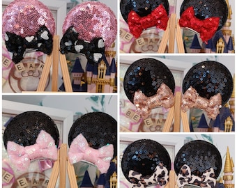 Classic Mouse Ears Hair Clips Disney Minnie and Mickey Inspired Princess Sparkly Sequin Black Red Pink Rose Gold