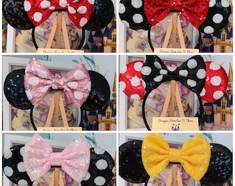 Polka Dot Classic Disney Minnie and Mickey Inspired Mouse Style Ears Headband Sparkly Sequin White Red Black Yellow Pink