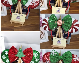 Christmas Candy Cane Tartan Snowflake Disney Minnie and Mickey Inspired Mouse Style Ears Headband Sparkly Sequin Red Green Gold White