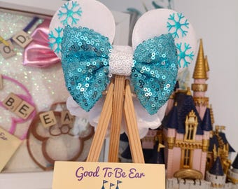Queen Elsa Frozen Snowflake Disney Minnie and Mickey Inspired Mouse Style Ears Scrunchie Hair Tie Bobble Sparkly Sequin Blue White