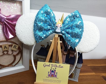 Cinderella Princess Disney Minnie and Mickey Inspired Mouse Style Ears Headband Sparkly Sequin Blue White
