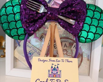 Ariel Little Mermaid Princess Disney Minnie and Mickey Inspired Mouse Style Ears Headband Sparkly Sequin Green Purple Gold