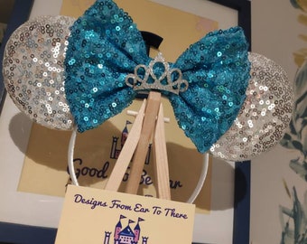 Queen Elsa Frozen Disney Minnie and Mickey Inspired Mouse Style Ears Headband Sparkly Sequin Silver Blue Crown