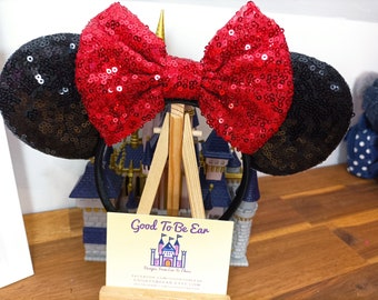 Classic Black Red Disney Minnie and Mickey Inspired Mouse Style Ears Headband Sparkly Sequin