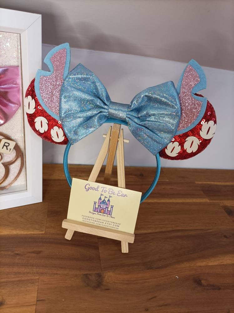 Disney Inspired Blue Stitch Print Minnie Ears Headband with Sequin Bow - NWOT 95206 (1).jpg main image 2