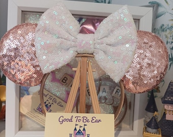 Rose Gold White Princess Disney Minnie and Mickey Inspired Mouse Style Ears Headband Sparkly Sequin