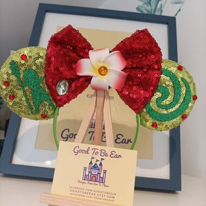 Hawaiian Moana Princess Disney Minnie and Mickey Inspired Mouse Style Ears Headband Sparkly Sequin Green Red Flower